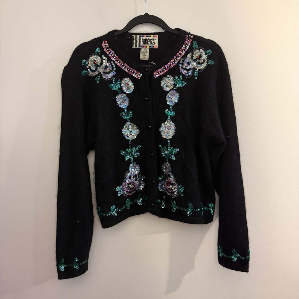 vintage forenza black sequin floral cardigan size large silk angora fairycore